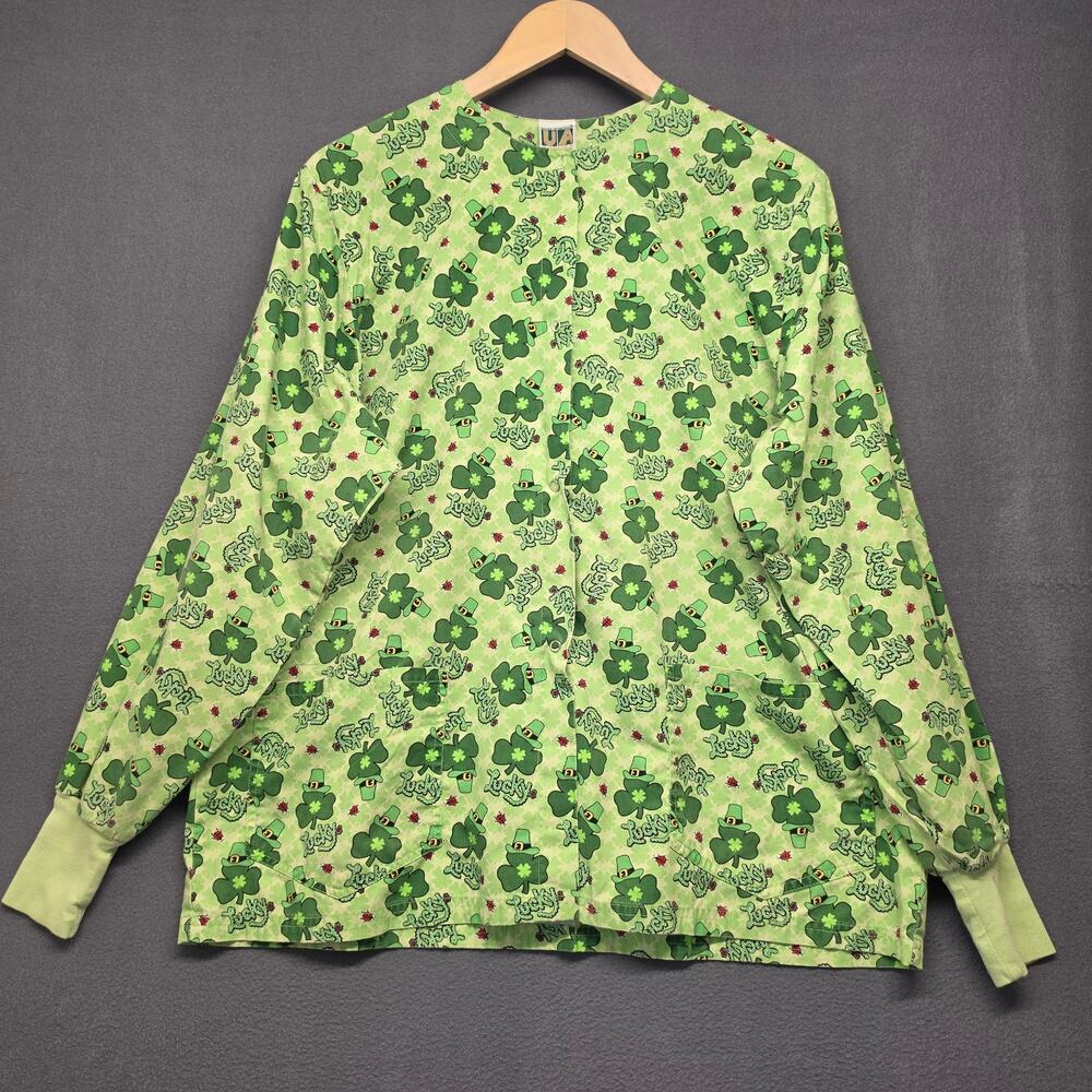 St Patricks Day Scrub Top Jacket Womens XL Shamrock Leprechaun Long Sleeve